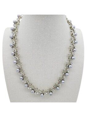 Nogu Faux Gray Pearls & Rhinestones On Branches Necklace Silver Tone Bridal